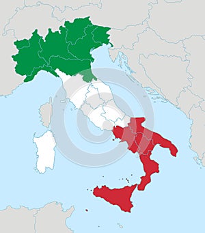 Italy map in flag colors with neighboring states, administrative division, blank