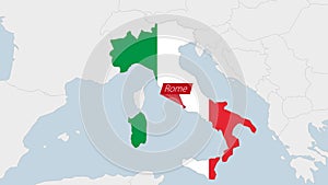 Italy map highlighted in Italy flag colors and pin of country capital Rome