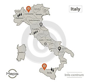 Italy map, individual regions with names, Infographics and icons