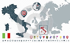 Italy Map and Italy location on Europe Map isolated on transparent background