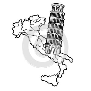 Italy map and Leaning Tower of Pisa sketch vector