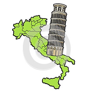 Italy map and Leaning Tower of Pisa sketch vector