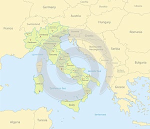 Italy map with neighboring states, administrative division and names with cities, classic maps design