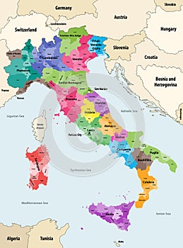 Italy provinces colored by regions vector map photo