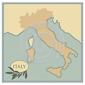 Italy map with olives, branches and olive leaves. Retro style.