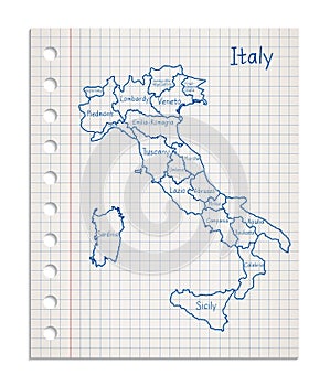 Italy map on a realistic squared sheet of paper torn from a block