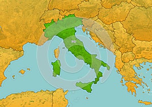 Italy map showing country highlighted in green color with rest of European countries in brown