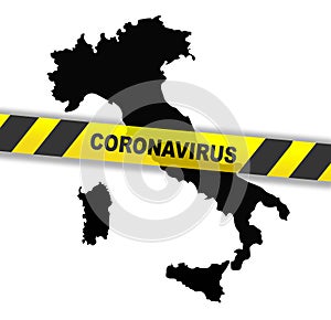 Italy map with yellow lockdown stripe due to Coronavirus quarantine. Black silhouette of Italy map. Raster illustration