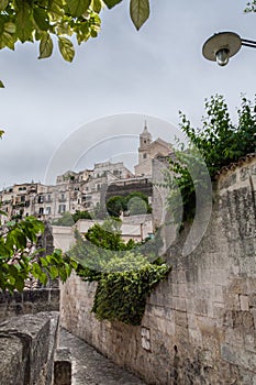 Italy. Matera. Glimpse of Sasso Barisano with the ancient high neighborhood of Civita