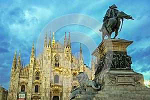 Italy. Milan Cathedral, Duomo di Milano with the equestrian statue of King Victor Emmanuel II