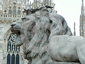 Italy, Milan, Cathedral Square (Piazza del Duomo), monument to Victor Emmanuel II, head of a lion