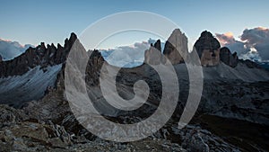 Italy mountain Dolomites Alps - Tree cime di Lavaredo, Time lapse at sunset