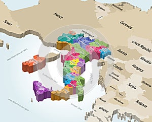 Italy municipalities isometric map colored by administrative regions with neighbouring countries