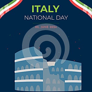 Italy national day social media post with Italian flag . Landmark of Rome . Vector Illustration