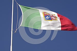 Italy. Official National flags. Italian Navy flag waving on the flagpole