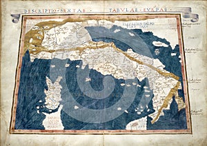 Italy old map from rare medieval book Geography by Claudius Ptolemy published in 1480