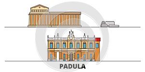 Italy, Padula flat landmarks vector illustration. Italy, Padula line city with famous travel sights, skyline, design.