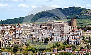 Italy. Panorama of the city of Tricarico on a hill overlooking the Norman Tower and the monastery of St. Chiara. Basilicata.