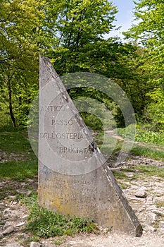 Italy Passo della Futa and the Giogo trekking in nature, paths and panoramic views commemorative stele