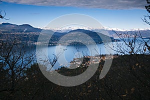 Italy, Piedmont, Lake Maggiore, panorama of Lake Maggiore with s
