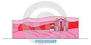 Italy, Piedmont, Langhe Roero And Monferrato line cityscape, flat vector. Travel city landmark, oultine illustration