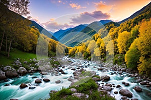 Italy, Piedmont, Lanzo Valley, River at sunset.