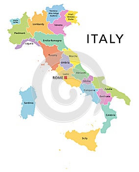 Italy, political map with multicolored regions and administrative divisions