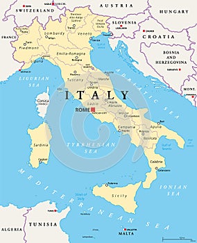 Italy, political map, regions and administrative divisions