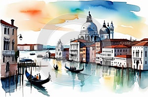 Italy postcard, travelling concept. Venice, watercolor illustration of water canals with gondolas