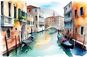 Italy postcard, travelling concept. watercolor illustration of water canals of Venice with gondolas