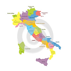 Italy regions map isolated on white background. Cartography map of Italian regional administrative borders.