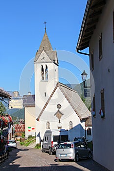 White church of Sottoguda. Rocca Pietore, Veneto, Italy.