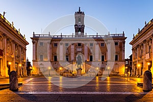 Italy Rome Capitoline hill city square museum buildings and statue illuminated at sunrise