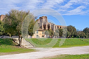 Italy- Rome- Circus Maximus ancient stadium and ruins on Palatine Hill