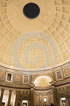 Italy, Rome - December 10, 2018. Dome of ancient roman Pantheon inside the temple with hole to sky closeup