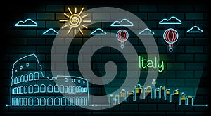 Italy and Rome Travel And Journey neon light background. Vector Design Template.used for your advertisement, book, banner,