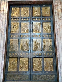Italy, Rome, Vatican City, St. Peter's Square, Basilica of Saint Peter, Holy Door with bas-reliefs at basilica
