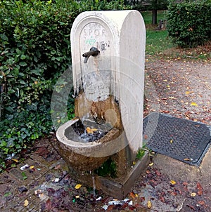 Italy, Rome, Viale della Fontana Rotonda, fountain with drinking water in the park of Villa Borghese