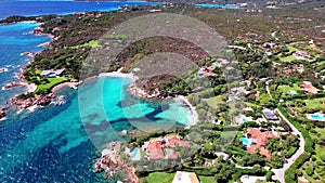 Italy, Sardegna island best beaches of Costa Smeralda, aerial drone video of Capriccioli