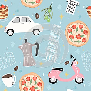 Italy seamless pattern. Background with fiat 500, vespa scooter, pizza and coffee.