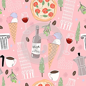 Italy seamless pattern. Background with ice cream, wine, pizza and  coffee.