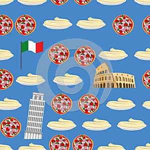 Italy seamless pattern. Sightseeing: leaning tower of Pisa, Colosseum, and national food: pizza and pasta. Vector background of