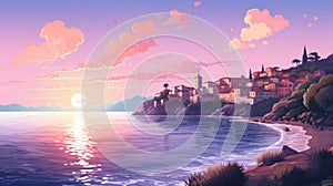 Italy Seascape: Pixelart Beach Painting With Sunset And Elegant Cityscapes