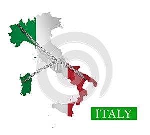 Italy Shutdown Chain and padlock Lock Down, With Italy Flag. 3D illustration