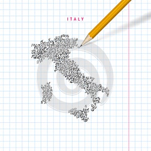 Italy sketch scribble vector map drawn on checkered school notebook paper background