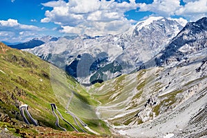 Italy, Stelvio National Park. Famous road to Stelvio Pass in Ortler Alps