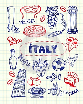 Italy Symbols Pen Drawn Doodles Vector Collection