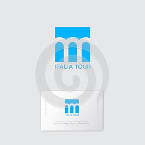 Italy tour logo. Three arches on a blue background. Ancient Roman viaduct symbol.