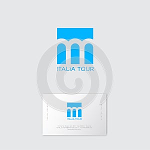 Italy tour logo. Three arches on a blue background. Ancient Roman viaduct symbol. photo