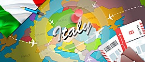 Italy travel concept map background with planes, tickets. Visit Italy travel and tourism destination concept. Italy flag on map.